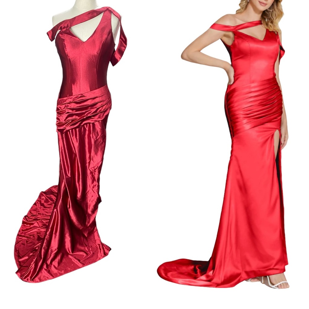 Hebeos Womens Red Sleeveless V Neck Wide Strap Slit Long Maxi Dress Satin Size